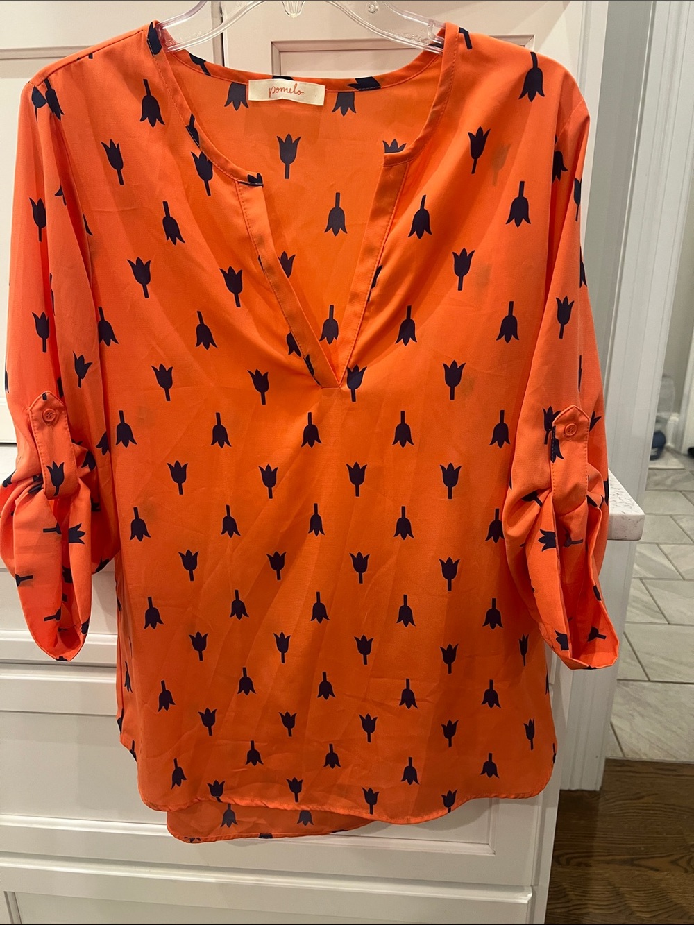 Pomelo Orange Tulip-Print V-Neck Roll-Tab Tunic